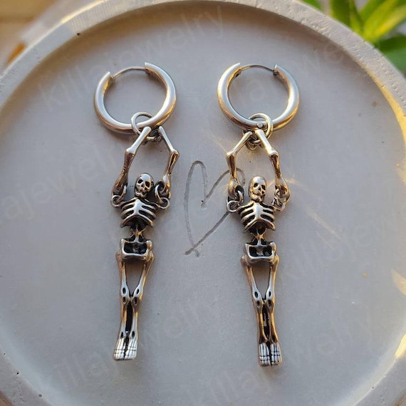 Créoles Crâne Squelette Homme - Boucles Oreilles Gothiques Acier Inoxydable Punk Halloween