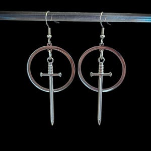 Gothic hoop and sword earrings in stainless steel