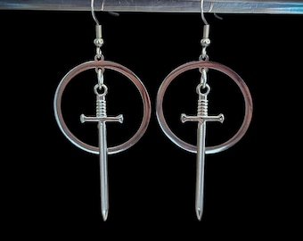 Gothic hoop and sword earrings in stainless steel