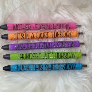 Sweary Day Of The Week Pen Set| Curse Word Pens| Glitter Pens| Humor Pens