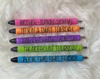 Sweary Day Of The Week Pen Set| Curse Word Pens| Glitter Pens| Humor Pens