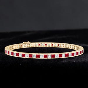 Princess Cut Ruby Tennis Bracelet, Sterling Silver, Square Gemstone Bridal Bracelet