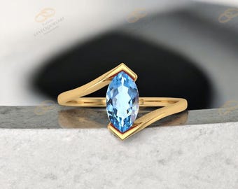Marquise Cut Aquamarine Ring – Gold Plated Silver Ring for Women – Modern Gold Ring with Blue Gemstone – Unique Minimalist Promise Ring