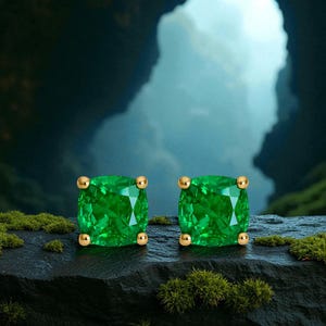 May include: Two square-cut emerald stud earrings with gold settings. The bright green gemstones are displayed on a dark, textured surface, with a blurred background of a cave or mountain scene.