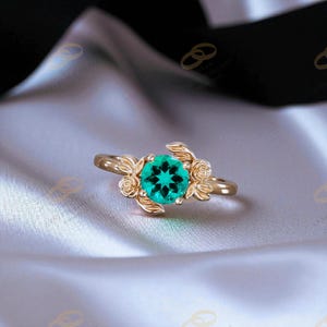 Emerald Gemstone Rose Design Ring - A Vintage Style Ring - Silver & Gold,Rose Gold Plated Round Cut Gemstone Ring - Unique Bridal Gift”