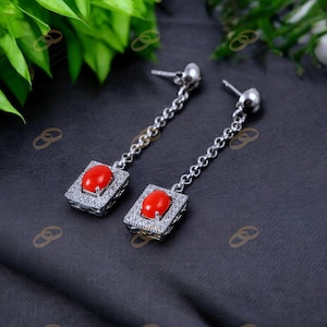 Red Coral Gemstone Drop Earrings - 925 Silver Drop Oval Ruby Light Gemstone Earrings - Gift For Woman