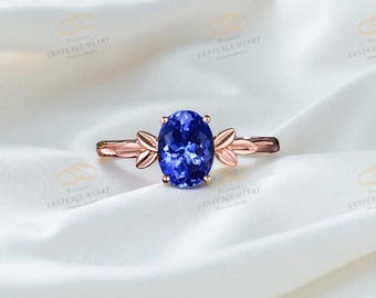 Tanzanite Gemstone Leaves Design Ring - A Vintage Style Ring - Silver & Gold,Rose Gold Plated Oval Cut Gemstone Ring - Unique Bridal Gift”