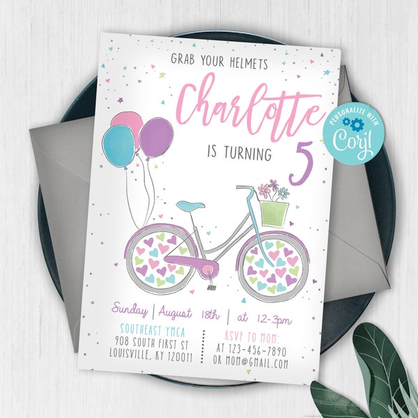 Rainbow Pastel Bicycle Birthday Party Invitation, Vintage Bike Birthday Invitation, Bicycle Birthday Invitation, Bicycle Invitation