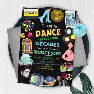 Birthday Dance Party, Dance Through the Decades Birthday Invitation, Decade Dance Birthday Party, Dance Party Invitation