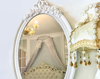 25"x 16"  Oval Vintage Decorative Victorian Wall Mirror,White Wooden Frame, Antique Princess Decor for Bedroom,Playroom,Dressers,Living Room