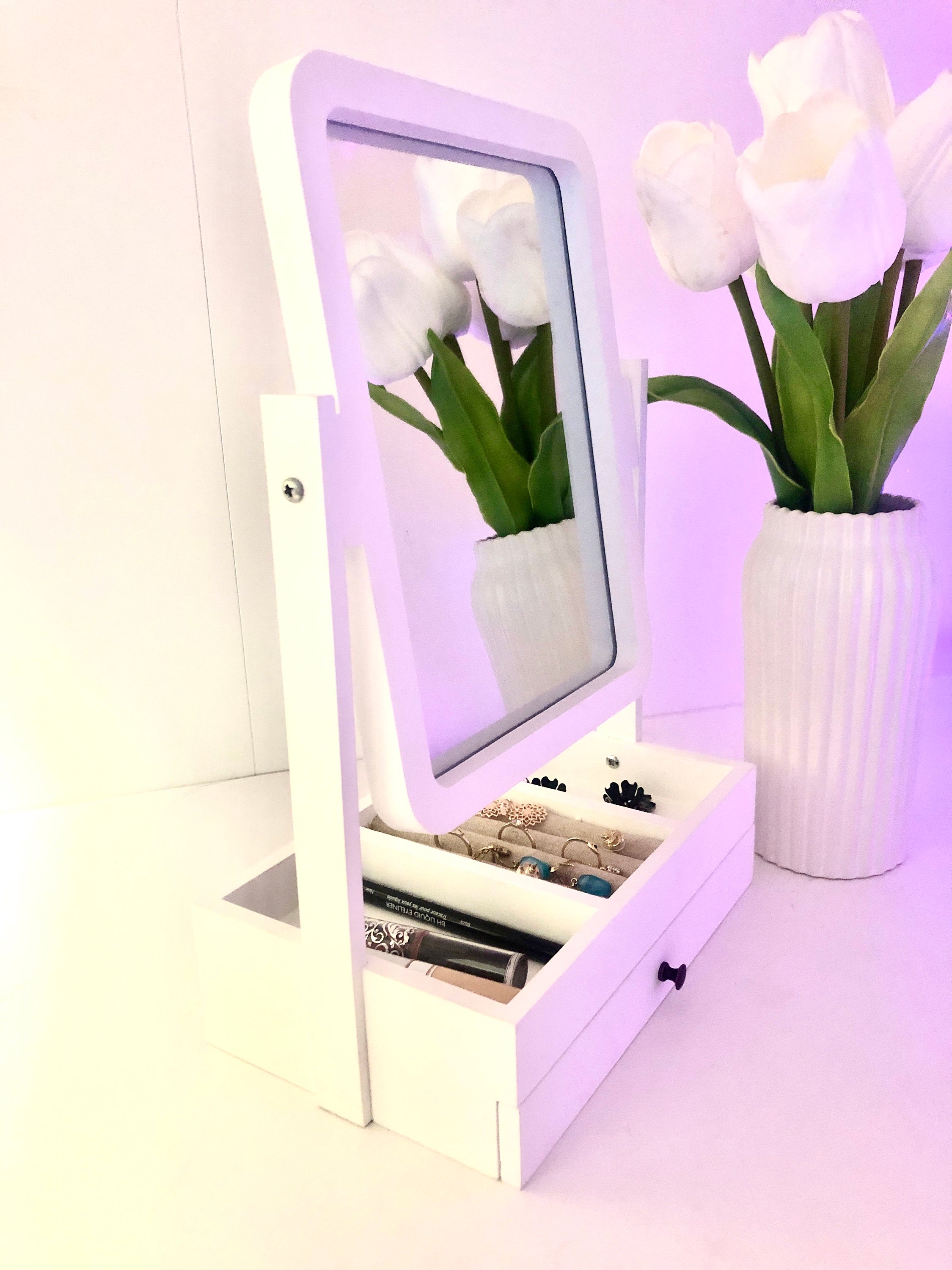 Wooden Jewelry Organizer with Drawer Large 360 Rotating Etsy