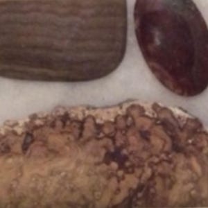 May include: A display of various polished stones, including a large, smooth, brown stone, a dark maroon oval stone, and a textured, light brown rock formation. The image includes text about oolitic limestone.
