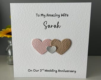 Third anniversary card. leather anniversary card. leather hearts. three years and counting. three year anniversary card. Happy 3rd anniversa
