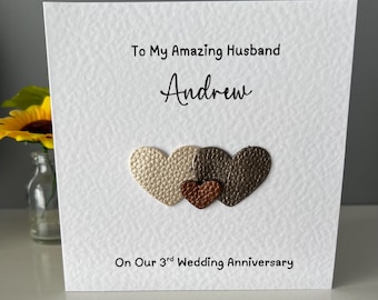 Third anniversary card. leather anniversary card. leather hearts. three years and counting. three year anniversary card. 3 years married