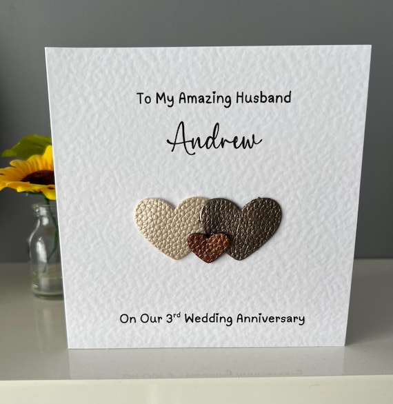 Third anniversary card. leather anniversary card. leather hearts. three years and counting. three year anniversary card. 3 years married