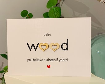 5 year anniversary card, wooden hearts anniversary, personalised anniversary 5 years