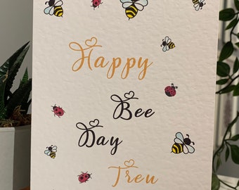 Happy bee day birthday card, bees and ladybird card