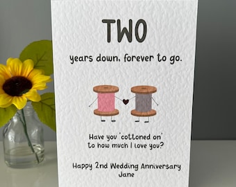 Zweijährige Jubiläumskarte, 2 Jahre Hochzeitskarte, Baumwolljubiläum, personalisierte Jubiläumskarte