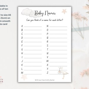 Babyshower spelletjes. A-Z babynamenspel. mama to be-game. feestspel babyshower, uniseks babyshowerspel, bedrukte A5-kaarten, babyshower