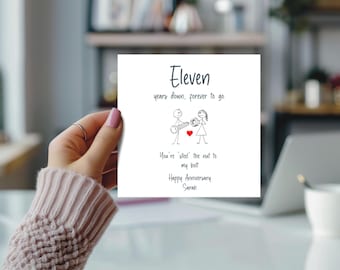 11 year anniversary card. Eleven years married. Steel anniversary card. eleven years down forever to go