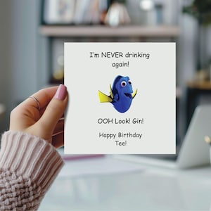 Jeneverkaart Dory verjaardagskaart gepersonaliseerde viskaart. Grappige verjaardagskaart. Kaart nooit meer drinken.