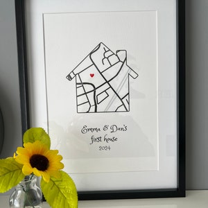 Nuova stampa A4 per la casa. Mappa a forma di casa che mostra la posizione della casa. Regalo per la nuova casa. Solo stampa.