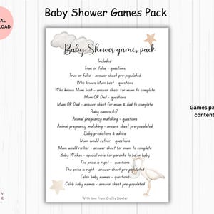 Schede di gioco stampabili per baby shower in formato A5, confezione da dieci giochi, giochi unisex per baby shower, download digitale immediato, stampa a casa, giochi per baby shower
