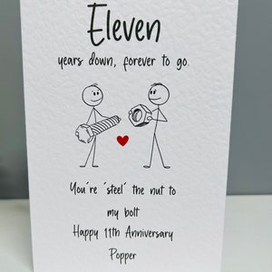 Tarjeta de aniversario de 11 años. Once años de casados. Tarjeta de aniversario de acero. Once años de casados. Por siempre.