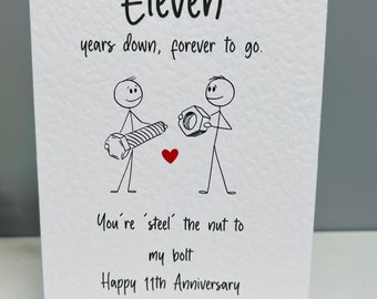 11 year anniversary card. Eleven years married. Steel anniversary card