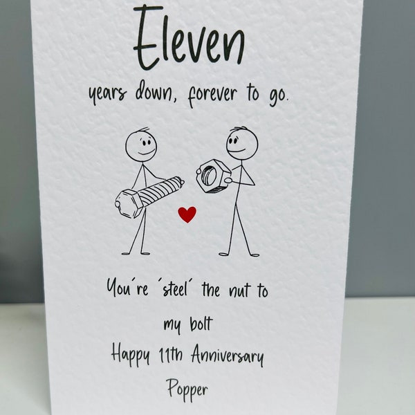 11 year anniversary card. Eleven years married. Steel anniversary card