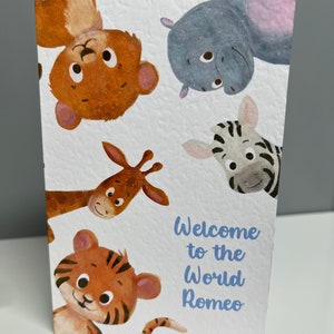 Carte personnalisée super mignonne pour bébé garçon ou petite fille félicitations, bienvenue dans le monde bébés animaux mignons