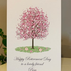 Carte bonne retraite, personnalisée. Arbre de fleur de bijoux rose