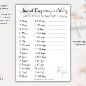 Babyshower spelletjes. Zwangerschapsspel bij dieren.  feestspel babyshower, uniseks babyshowerspel, bedrukte A5-kaarten, babyshower