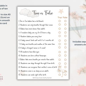 Babyshower spelletjes. Waar of niet waar. mama to be-game. feestspel babyshower, uniseks babyshowerspel, bedrukte A5-kaarten, babyshower