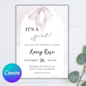 Pink Bow Baby Shower Invitation Girl | Editable Template | It&#39;s a Girl Invite | Blush Arch Design | Canva Template