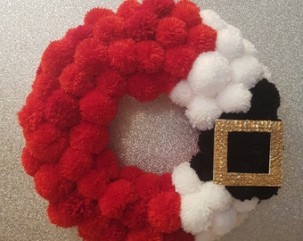 Pom Pom Santa Inspired Christmas Wreath - Ideal Xmas Wreath - Santa - Christmas - Santa Belt - Red Pom Poms