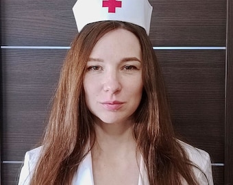 White Nurse Cap with Red Cross, Vintage style nurse hat, Nurse Outfit