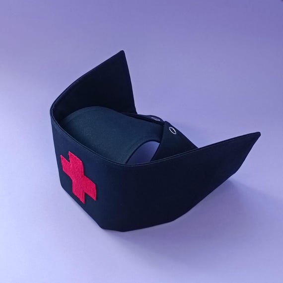 Black Nurse Hat with Red Cross, Vintage Cosplay Costume