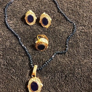 Rhinestone Dark Blue Necklace Set w/ Ring and Ear Rings