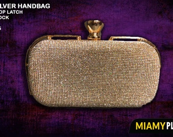 Frauen Clutch/Abend Tasche Mini glänzend Silber - Party Clutch Bag mit goldenen Griff