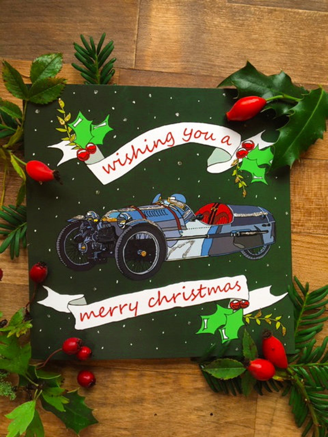Classic Car Christmas Card With Glitter - Etsy