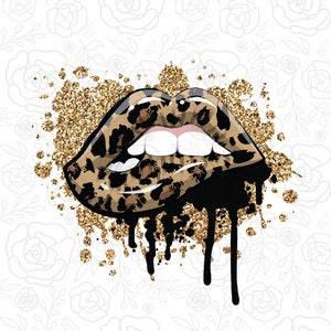 Leopard Dripping Lips PNG: Gold Glitter Sublimation (Digital Download)