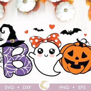 May include: A Halloween-themed graphic with the word "BOO" featuring a witch hat, spider, ghost, pumpkin, bats, and hearts. The letter "B" is purple with a spiderweb design. The ghost has a red bow.