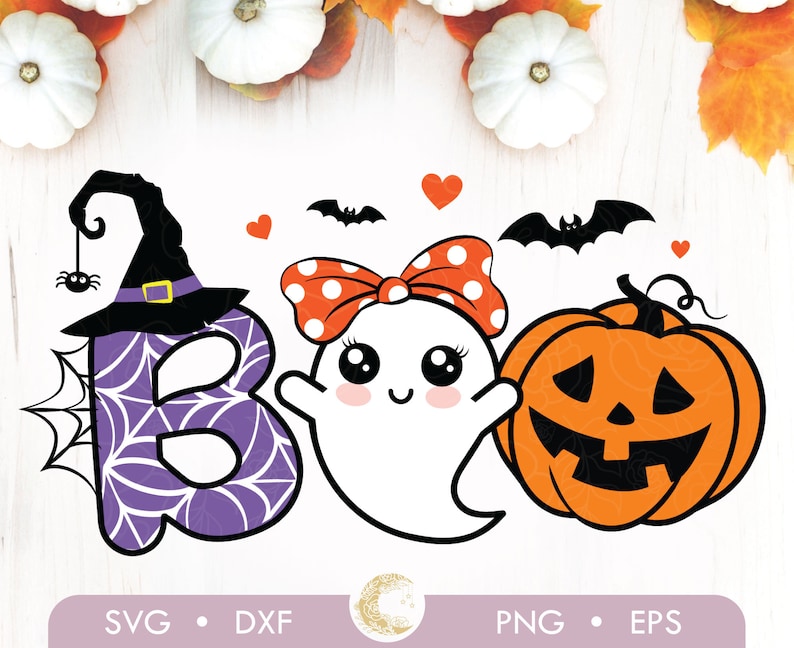 May include: A Halloween-themed graphic with the word "BOO" featuring a witch hat, spider, ghost, pumpkin, bats, and hearts. The letter "B" is purple with a spiderweb design. The ghost has a red bow.