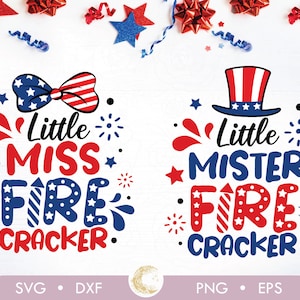 May include: Two digital designs for a t-shirt or other apparel. The designs feature red, white and blue colours with a patriotic theme. The text reads "Little Miss Firecracker" and "Little Mister Firecracker".