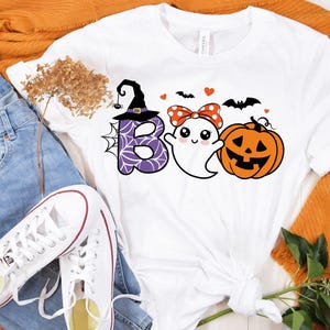 Cute Ghost Boo SVG, Halloween Girl Shirt Design, Spooky Season Cut Files, Ghost with Polka Dot Bow and Lashes PNG, Cute Pumpkin Witch Hat image 3