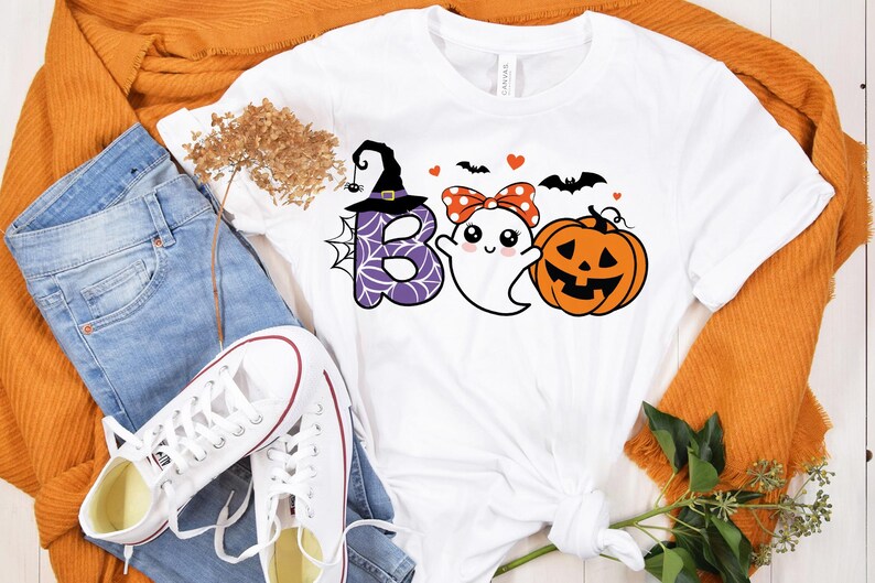 Cute Ghost Boo SVG, Halloween Girl Shirt Design, Spooky Season Cut Files, Ghost with Polka Dot Bow and Lashes PNG, Cute Pumpkin Witch Hat image 3