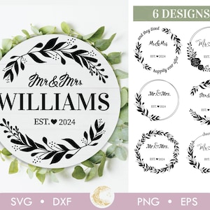 Mr and Mrs wreath bundle SVG, Mr and Mrs Est 2024 svg, Wedding bundle svg, Mr and Mrs split monogram svg, floral last name svg