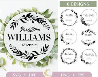 Mr and Mrs wreath bundle SVG, Mr and Mrs Est 2024 svg, Wedding bundle svg, Mr and Mrs split monogram svg, floral last name svg
