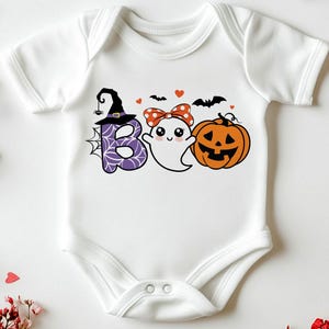 Cute Ghost Boo SVG, Halloween Girl Shirt Design, Spooky Season Cut Files, Ghost with Polka Dot Bow and Lashes PNG, Cute Pumpkin Witch Hat image 5